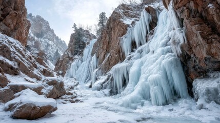 A frozen waterfall cascading down a rocky canyon during a cold winter day