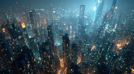 Fototapeta premium Futuristic cityscape with vibrant lights and towering skyscrapers at night