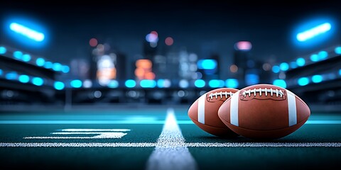 Footballs on field at night