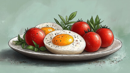 Boiled eggs, tomatoes, herbs on plate, simple background