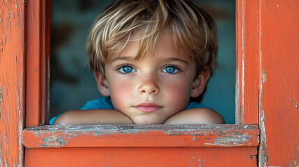 Boy with blue eyes peering from orange playhouse window