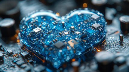 Blue circuit board heart on motherboard, tech background, love concept