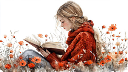 Blonde girl reading in a poppy field