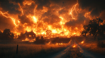 Burning house in field, lightning storm