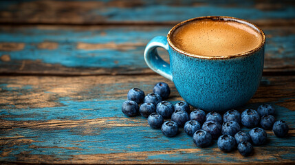Blue coffee cup with blueberries on rustic wooden table