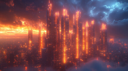 Blazing futuristic city skyline at sunset with cloudy sky