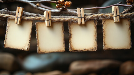 Blank aged papers hanging on twine outdoors with rocks background