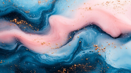 Blue pink swirling abstract paint with gold flecks background texture