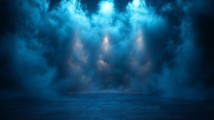 Blue spotlights illuminate smoky dark stage for product placement