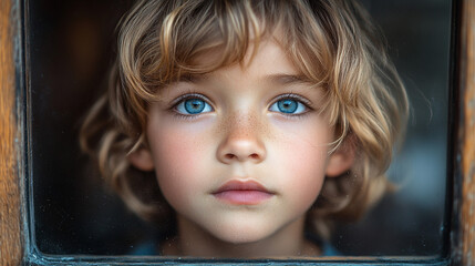 Blond boy with blue eyes peering through window; dark background