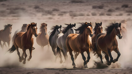 Obraz premium Group of horses running energetically together across a dusty open field, creating a dynamic and powerful rural scene with clouds of dirt and motion blur
