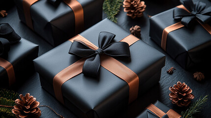 Black gift boxes with gold ribbons, pine cones, festive holiday decor