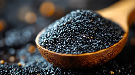 Black seeds on wooden spoon, dark background, bokeh