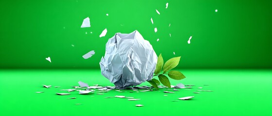 Crumpled paper ball shattering, with sprout