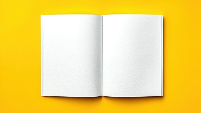 Open book with blank pages on a bright yellow background.