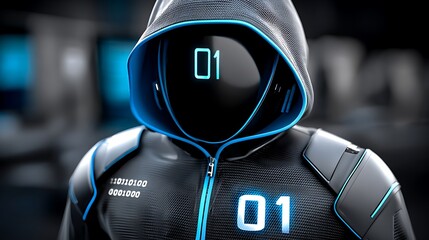 Futuristic hooded figure with glowing number