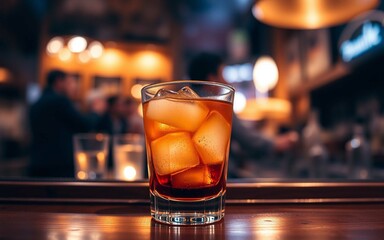 Close-up of an old-fashioned cocktail with ice on a wooden bar counter, warm lighting, droplets on glass, and blurred people in the background.