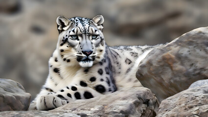 Fototapeta premium Snow leopard resting on rugged rocks in a cold mountain habitat, calmly observing surroundings while its thick spotted fur blends into the rocky terrain