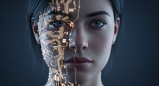 Artificial intelligence ai woman face technology digital future human machine learning concept