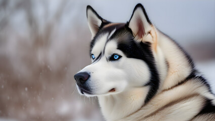 Naklejka premium Husky dog with bright blue eyes sitting in fresh white snow, surrounded by a peaceful winter landscape and looking attentively at the camera