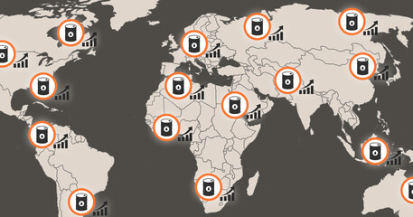 Obraz premium Rising oil and gasoline prices around the world infographic on map. Increase in oil production worldwide and map infographic. Suitable for analytics, energy and economic publications.