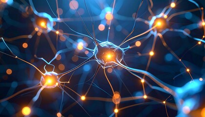 Glowing interconnected neurons create a complex neural network within the brain, symbolizing ligence and advanced technology with vibrant blue and orange hues.