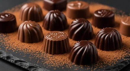 Fototapeta premium Delicious chocolate candies gourmet sweets dark milk chocolate dessert confectionery treats assortment truffles