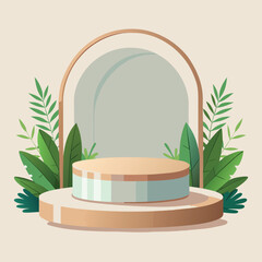 Minimal Podium Mockup with Clear Circular Stage, Green Plants, Beige and Wood Tones