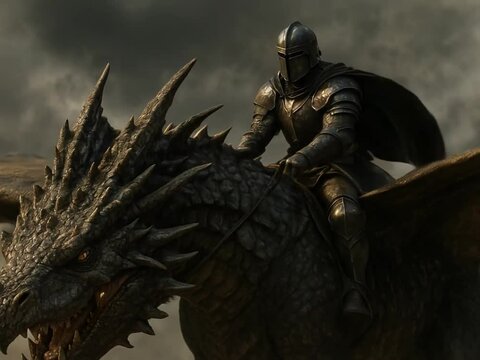 Epic armored knight riding a fierce dragon through a dark stormy sky in a high-fantasy cinematic scene