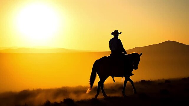 Silhouette of a Cowboy Riding Horse Through Dusty Terrain at Golden Hour with Dramatic Sunset and Mountains in the Background