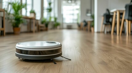 Autonomous robot cleaning a modern minimalist office space with hardwood floors  Advanced cleaning technology automated machinery and intelligent automation for efficient workspace maintenance
