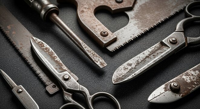 Vintage tools rusty antique scissors saw screwdriver metalwork carpentry craftsmanship still life