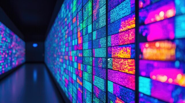 Captivating abstract art like display of vibrant glowing neon lit digital interactive wall installations in a modern futuristic high tech retail store setting  Showcasing stunning chromatic