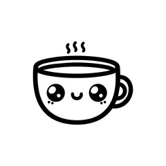 A cheerful, steaming cup of tea or coffee with kawaii features.