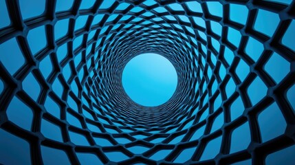 Abstract of an advanced telecommunications tower or mast structure against a clear blue sky backdrop  The tower has a circular spiral design with a tunnel or vortex effect symbolizing technology