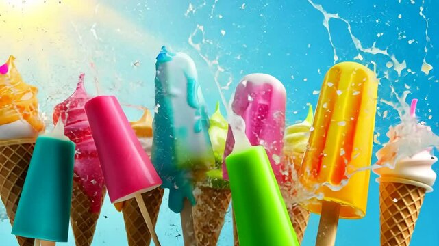 Colorful ice cream cones and popsicles arranged against a bright blue sky. The scene captures a fun summer treat atmosphere. Generative 4k video.