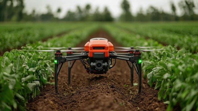 Advanced agricultural drone surveying and monitoring a lush verdant field as part of precision farming techniques