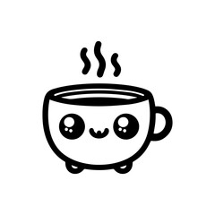 A cute, cartoon mug of hot beverage with a happy face, steaming warmly.