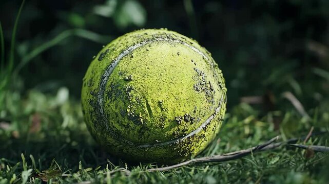 A worn yellow tennis ball rests on green grass. The ball is covered in dirt and shows signs of use, indicating it has been played with outdoors. Generative 4k video.