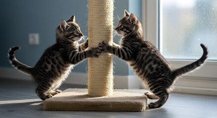 Cute Tabby Kittens Playing at Scratching Post in Sunlit Room