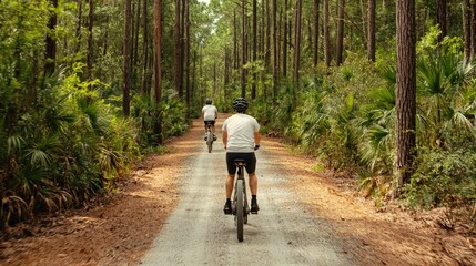 Obraz premium Two cyclists riding their bicycles down a scenic sun dappled forest trail surrounded by lush verdant foliage and towering trees on a beautiful refreshing summer day