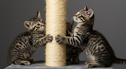 Cute Tabby Kittens Playing at Scratching Post in Sunlit Room