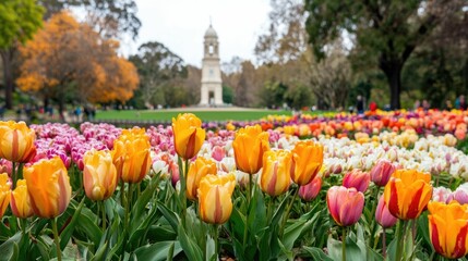Fototapeta premium A stunning landscape showcasing a historical monument or tower surrounded by a lush colorful garden filled with blooming autumn flowers and vibrant foliage in a tranquil serene park setting