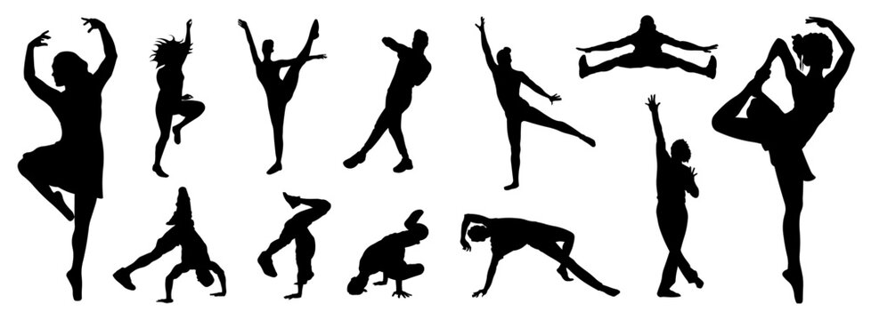 Silhouettes of people dancing choreographies physical exercises gymnastics in editable vector
