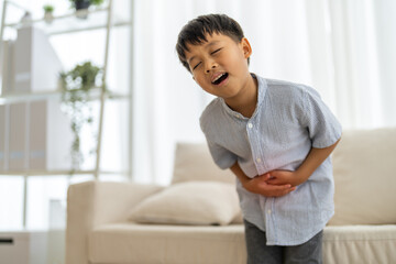 Portrait of sick unhappy little child asian boy touching belly stomach with suffering from stomach...