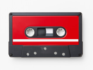 Obraz premium Red cassette tape lying flat on a white background showcasing vintage audio technology and retro design elements