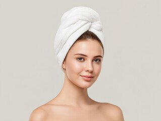 Young woman showcasing natural beauty with a towel wrapped around her hair in a neutral-toned background