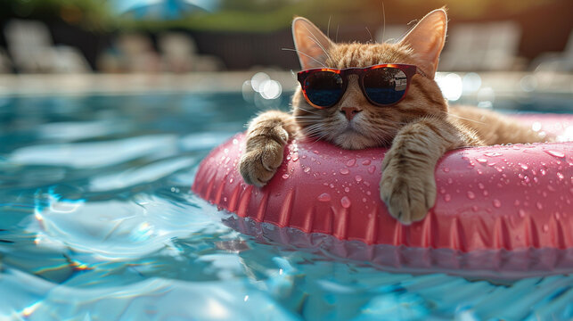 Cool cat relaxing on inflatable ring in pool, sunny backyard