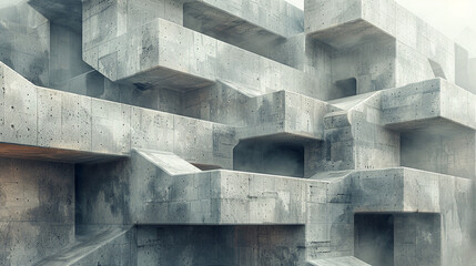 Concrete block structure in fog, complex architecture