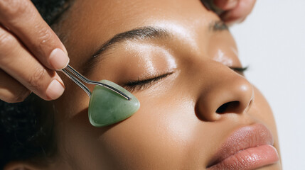 Close-up of a woman using a jade gua-sha stone for eye massage